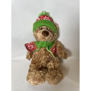 Hugfun Internation Inc Bear 17" Shaggy Brown Plush Winter Red Green Beanie Scarf